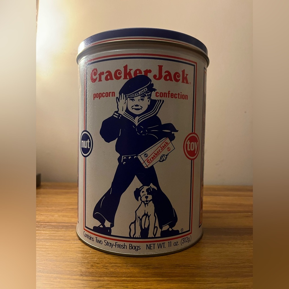 1990 Cracker Jack Collector Tin Can Popcorn Baseball 6”x8”